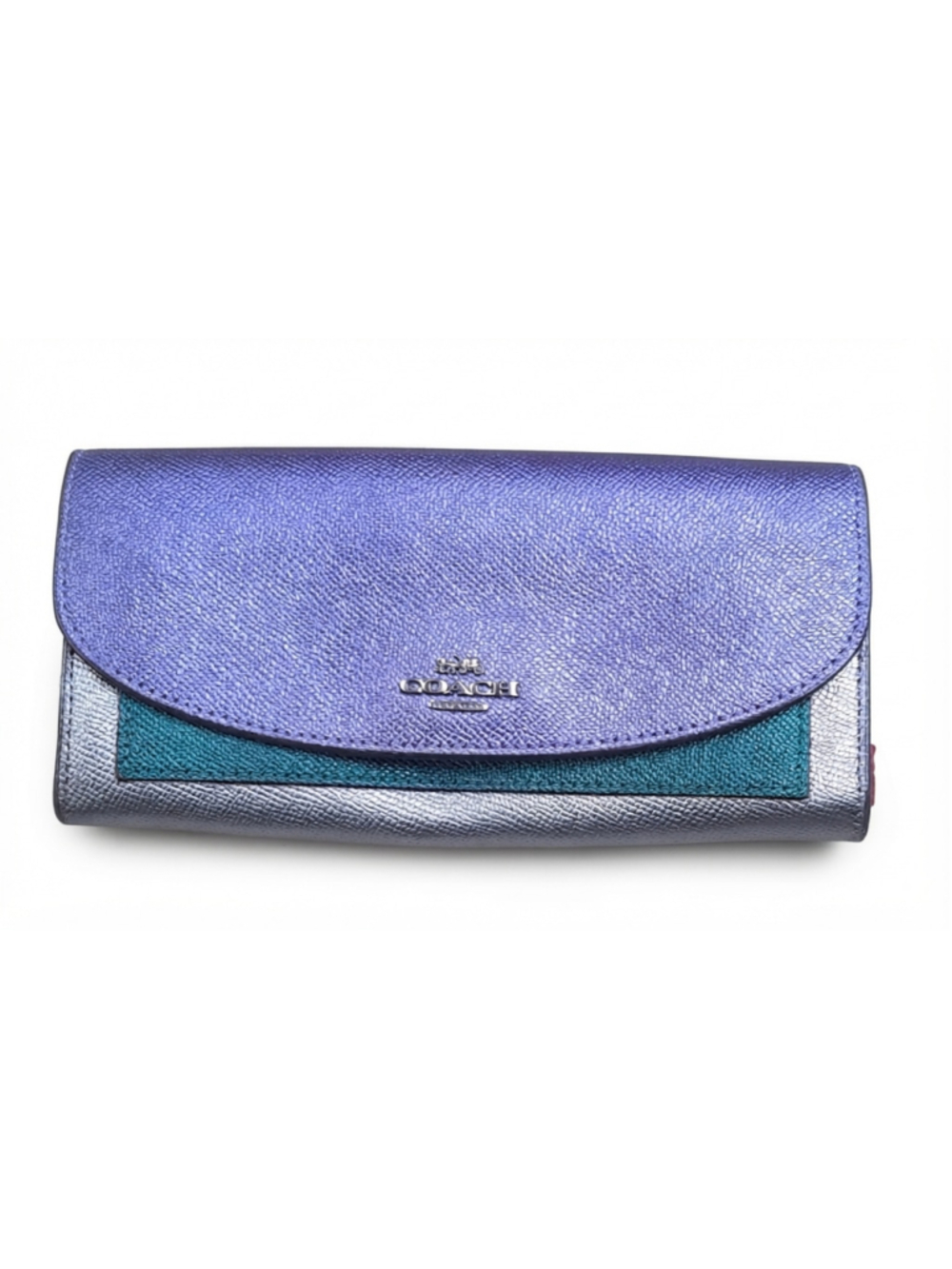 Coach metallic purple, teal, and silver colorblock slim envelope wallet